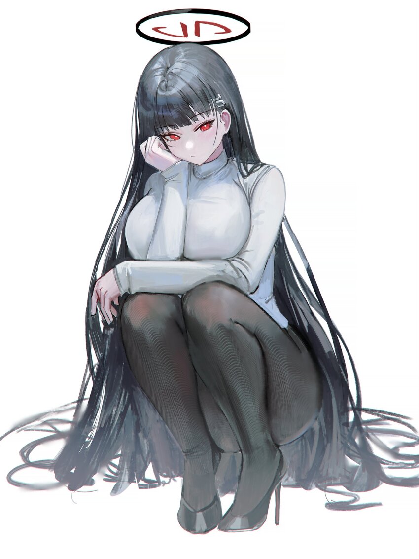 1girl alternate_costume black_hair black_pantyhose black_shoes blue_archive breasts closed_mouth flippy_(cripine111) full_body grey_background halo high_heels highres large_breasts long_hair looking_at_viewer pantyhose red_eyes rio_(blue_archive) shoes simple_background solo squatting very_long_hair