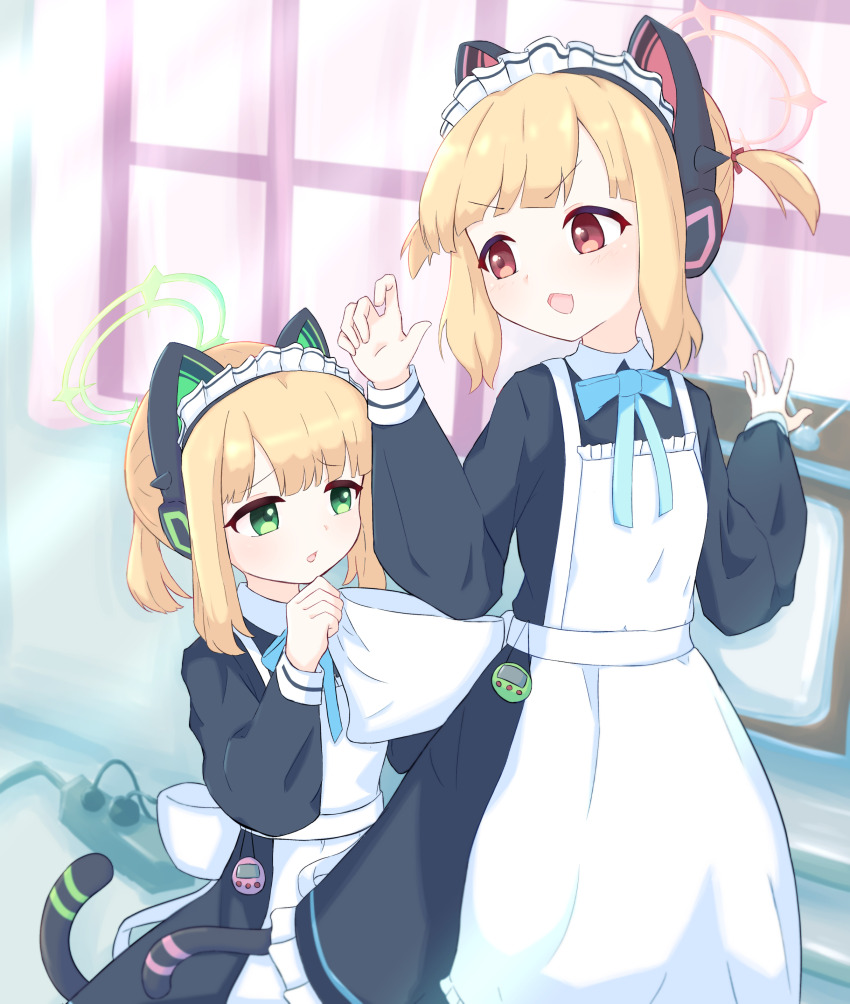2girls absurdres animal_ear_headphones animal_ears apron aqua_ribbon back_bow black_dress black_tail blonde_hair blue_archive blush bow cat_ear_headphones cat_ears cat_tail collared_dress commentary_request contrast_collar curtains dress fake_animal_ears fake_tail frilled_apron frilled_dress frills front-to-back green_eyes green_halo hair_ribbon halo hands_up headphones highres holding holding_bow_(ornament) indoors long_sleeves looking_at_another looking_back maid maid_apron maid_headdress midori_(blue_archive) midori_(maid)_(blue_archive) momoi_(blue_archive) momoi_(maid)_(blue_archive) multiple_girls neck_ribbon nyanpa official_alternate_costume official_alternate_hairstyle open_mouth parted_bangs parted_lips pink_halo power_strip puffy_long_sleeves puffy_sleeves raised_inner_eyebrows red_eyes red_ribbon ribbon short_hair short_twintails siblings sidelocks sisters smile tail television turning_head twins twintails v-shaped_eyebrows virtual_pet_(toy) white_apron white_bow white_headdress window