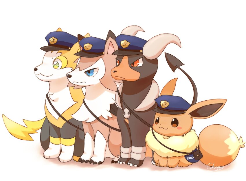 bag blue_eyes boltund brown_eyes claws closed_mouth dog eevee full_body gen_1_pokemon gen_2_pokemon gen_7_pokemon gen_8_pokemon hat highres horns houndoom lycanroc lycanroc_(midday) mimix nintendo no_humans pokemon pokemon_(creature) police police_hat red_eyes simple_background smile standing tail