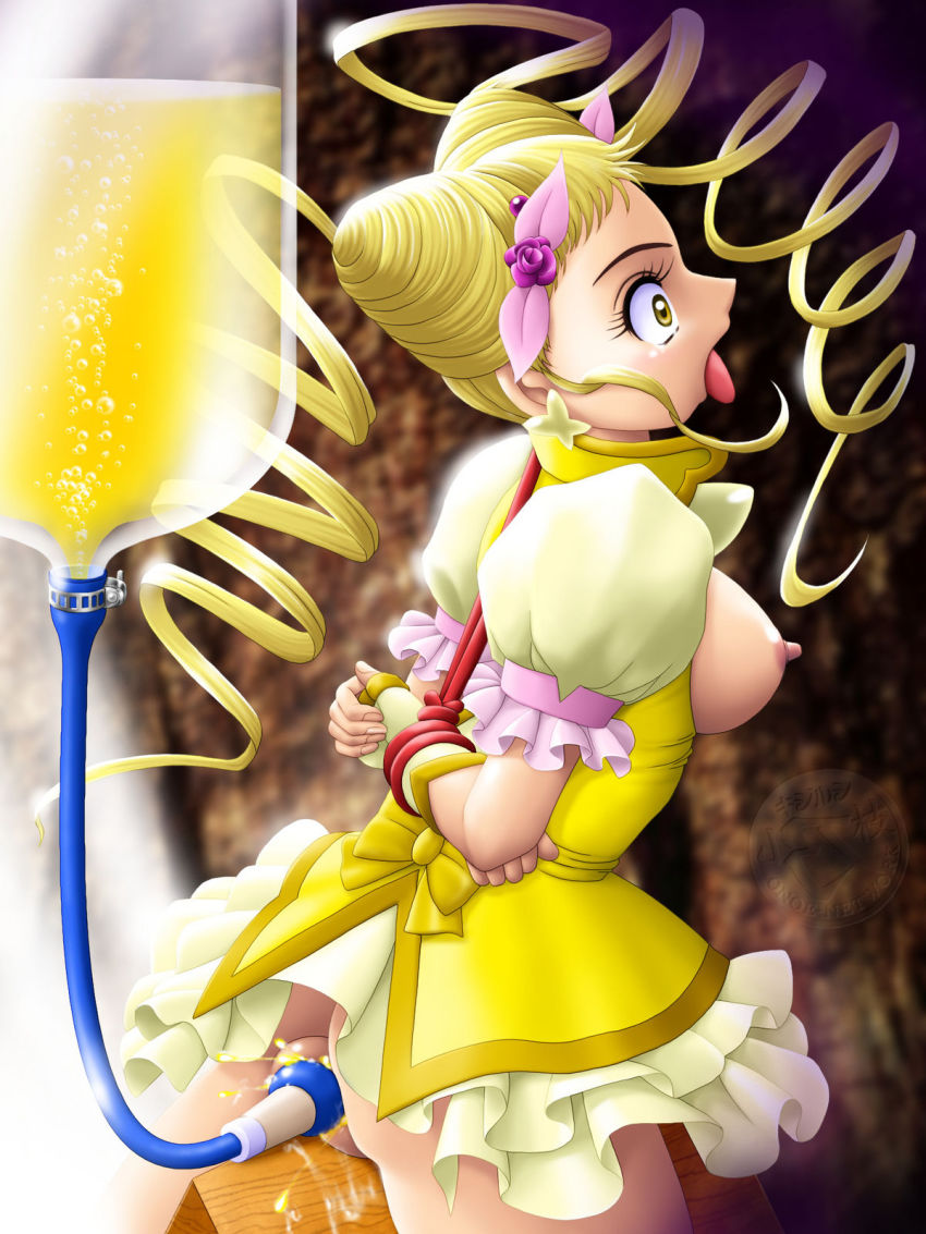 00s 1girl anal anal_fluid arms_behind_back ass bdsm blonde_hair bondage bound bound_wrists breastless_clothes breasts breasts_out censored cure_lemonade double_bun dress enema enema_tube female_focus flower hair_bun hair_flower hair_ornament highres indoors kasugano_urara_(yes!_precure_5) mosaic_censoring nipples no_bra no_panties onoe open_mouth precure red_rope rope sideboob tongue tongue_out wooden_horse wrists_tied_together yellow_eyes yes!_precure_5
