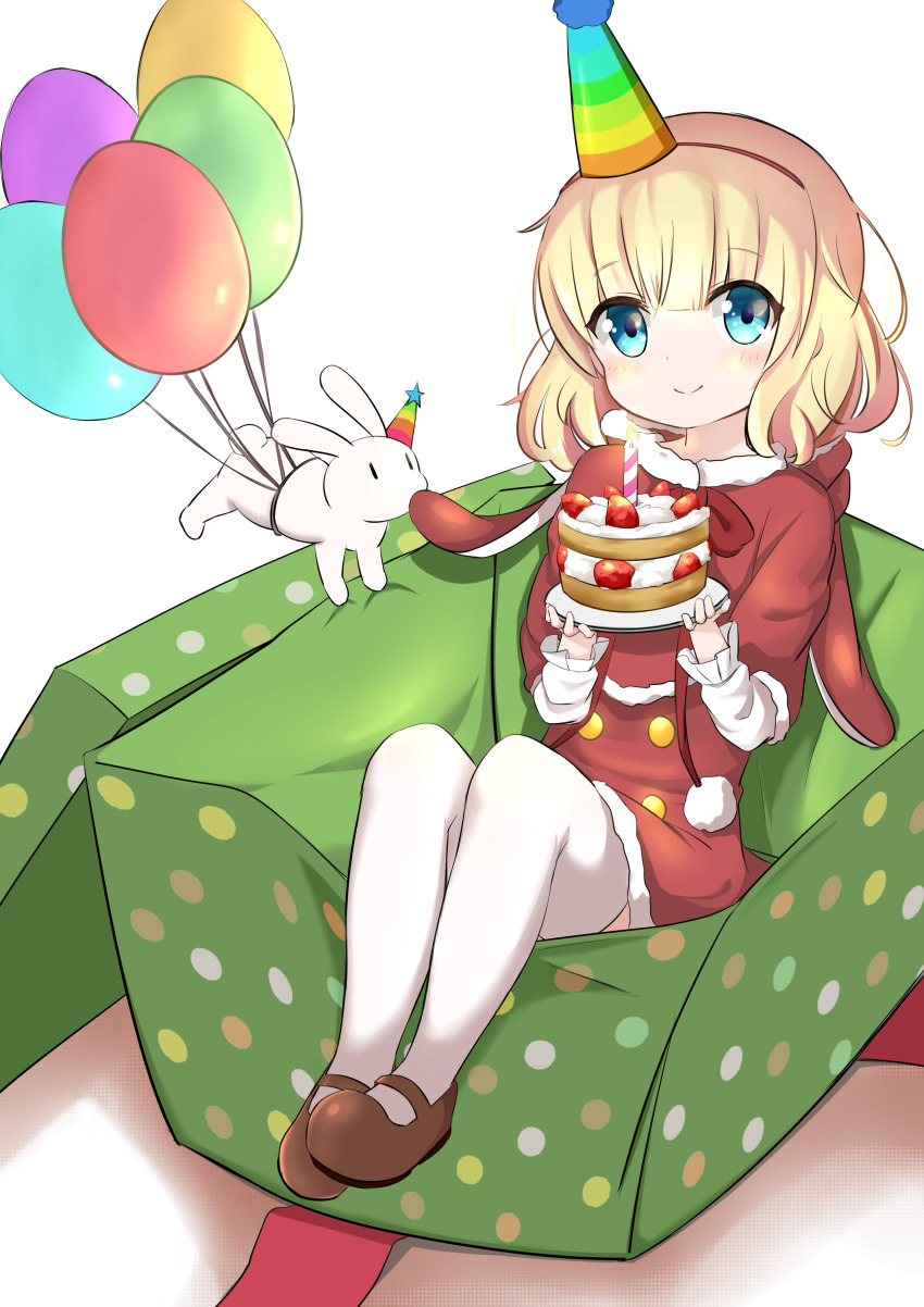 absurdres balloon blonde_hair blue_eyes blush bow box cake child christmas christmas_ornaments christmas_tree closed_mouth couch crown cushion dress food fruit gift gift_box gochuumon_wa_usagi_desu_ka? hairband hat highres kirima_syaro leggings mini_crown party_hat polka_dot red_dress sack shoes short_hair sitting smile solo strawberry stuffed_animal stuffed_rabbit stuffed_toy thighhighs tilted_headwear ttmos