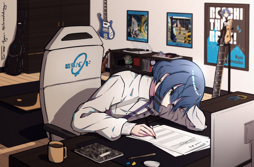 1girl absurdres bent_over blue_hair bocchi_the_rock! bookshelf chair character_name coffee_mug copyright_name cup dated desk elbow_rest electric_guitar gaming_chair guitar highres holding holding_pencil indoors instrument long_sleeves looking_down monitor mug notebook on_chair paper pencil phonograph poster_(object) sbinnalatony shirt short_hair signature sitting slice_of_life solo swivel_chair twitter_username wardrobe white_shirt writing yamada_ryo yellow_eyes