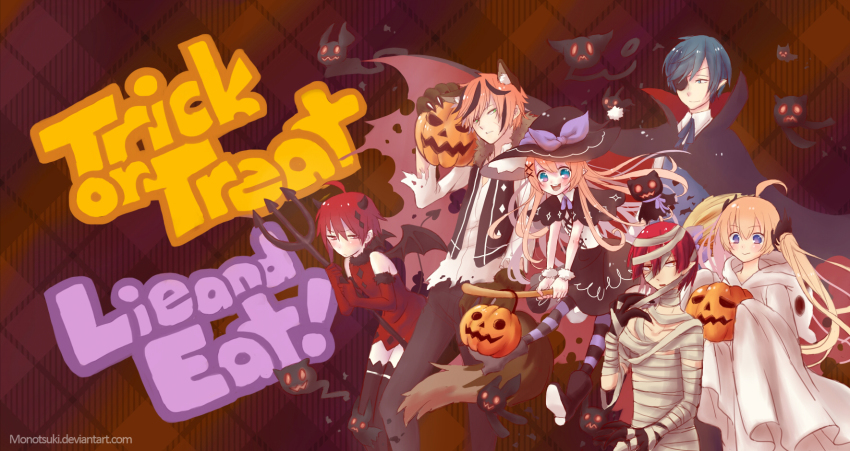 &gt;:&gt; 3boys 3girls :&gt; :/ :d ahoge animal_ears animal_hands artist_name bandages black_footwear black_hair black_pants black_skirt blonde_hair blue_eyes blue_hair blue_ribbon blush boots brett_graves broom broom_riding cape capelet cat_ears cat_paws claws closed_mouth collared_shirt corset cyril_leonhearts demon_horns efina english_text eyepatch frown ghost_costume glowing glowing_eyes hair_between_eyes halloween halloween_costume hat head_tilt highres holding holding_broom horns iris_ashbery jack-o&#039;-lantern lie_(lieat) lieat long_hair low_twintails monotsuki multicolored_hair multiple_boys multiple_girls mummy neck_ribbon neil_masefield open_mouth orange_hair outstretched_arms pants pantyhose parted_lips pink_eyes pitchfork plaid_background pointy_ears purple_eyes purple_ribbon red_eyes red_hair ribbon shirt short_hair skirt smile standing streaked_hair striped_clothes striped_legwear striped_pantyhose swept_bangs teobaldo_leonhearts thighhighs trick_or_treat twintails two-tone_hair v-shaped_eyebrows very_long_hair vest watermark white_shirt wing_collar witch witch_hat wrist_cuffs