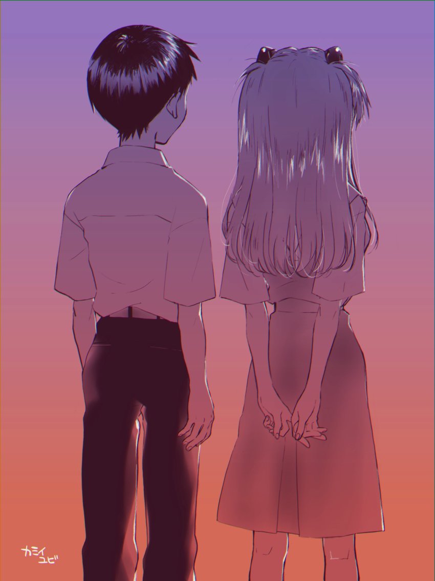 1boy 1girl arms_behind_back gradient_background highres ikari_shinji long_hair neon_genesis_evangelion school_uniform short_hair skirt smile souryuu_asuka_langley standing suspender_skirt suspenders tokyo-3_middle_school_uniform two_side_up yubi_kamii