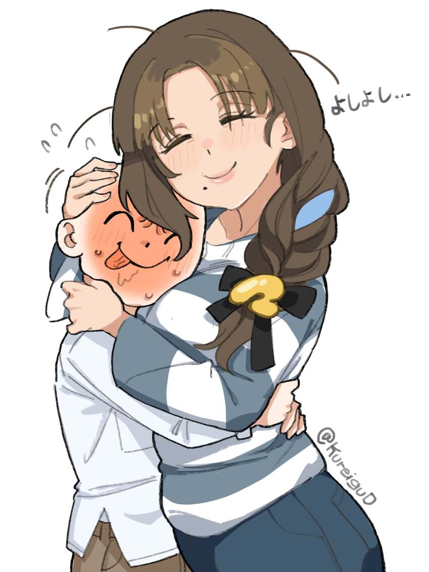 1boy 1girl blush braid highres hug indie_virtual_youtuber kureigud licking_lips mature_female mole mole_under_mouth saliva sensei_(blue_archive) single_braid tongue tongue_out tsukushibara_sumine