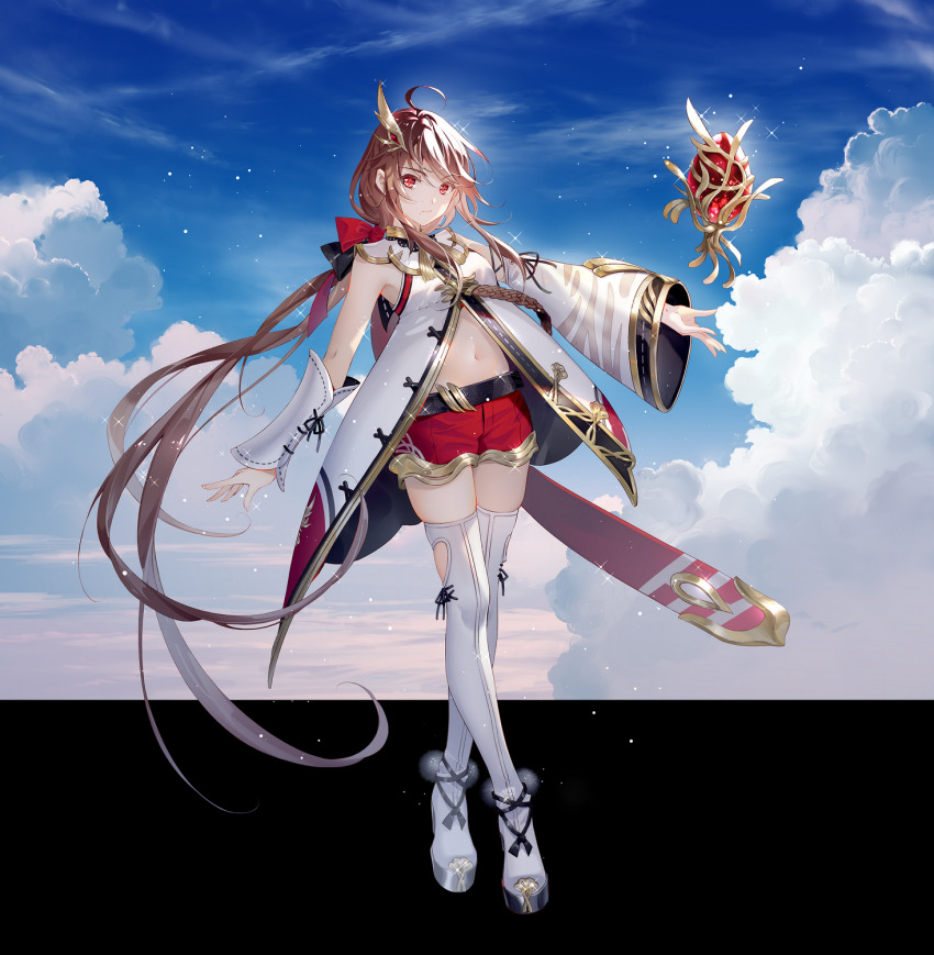 1girl ahoge ankle_ribbon asymmetrical_sleeves belt black_belt black_ribbon blue_sky boots bow brown_hair cloud coat commentary crossed_legs detached_sleeves egg fantasy floating_hair full_body hair_bow hair_ornament hand_up highres leg_ribbon light_particles long_hair long_sleeves looking_at_viewer low_ponytail midriff navel official_art ponytail red_bow red_eyes red_shorts ribbon short_shorts shorts sky sleeveless sleeveless_coat solo standing thigh_boots tidsean uneven_sleeves very_long_hair vocaloid vsinger_(vocaloid) watson_cross white_boots white_coat yuezheng_ling