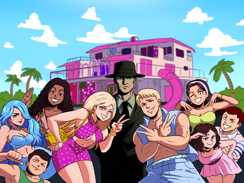 4boys 4girls abs absurdres bag bandeau barbenheimer_(meme) barbie_(character) barbie_(franchise) barbie_(live_action) bare_shoulders black_hair black_headwear black_necktie blonde_hair blue_hair blue_pants blue_sky blue_vest brown_hair character_request collared_shirt cowboy_shot dark-skinned_female dark_skin day double_v dress green_tank_top grey_shirt hairband hand_on_own_hip highres house jewelry julius_robert_oppenheimer ken_(barbie) leaf looking_at_viewer meme mermaid_barbie_(live_action) midriff multiple_boys multiple_girls navel necklace necktie one_eye_closed oppenheimer_(movie) outdoors pants parted_lips physicist_barbie_(live_action) pink_dress pink_hairband president_barbie_(live_action) shirt shoulder_bag sky smile stereotypical_barbie_(live_action) tank_top tina_fate tree v vest yellow_bag