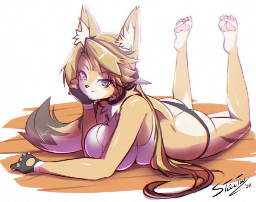 1girl animal_ear_fluff animal_ears bare_shoulders black_choker black_gloves black_panties blonde_hair body_fur breasts cat_ears cat_girl cat_tail choker closed_mouth fingerless_gloves furry furry_female gloves head_rest large_breasts long_hair looking_at_viewer lying on_stomach panties parted_bangs ponytail pulchra_fellini shirt smile solo steeltw tail underwear very_long_hair white_shirt yellow_fur zenless_zone_zero