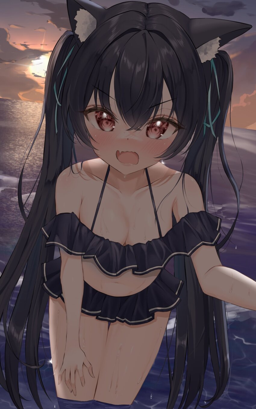 1girl animal_ear_fluff animal_ears bare_shoulders bikini bikini_skirt black_bikini black_hair blue_archive blush breasts cat_ears dawn embarrassed extra_ears frilled_bikini frills highres long_hair looking_at_viewer ocean off-shoulder_bikini off_shoulder official_alternate_costume open_mouth red_eyes serika_(blue_archive) serika_(swimsuit)_(blue_archive) sky solo swimsuit wavy_mouth wet wfa5051