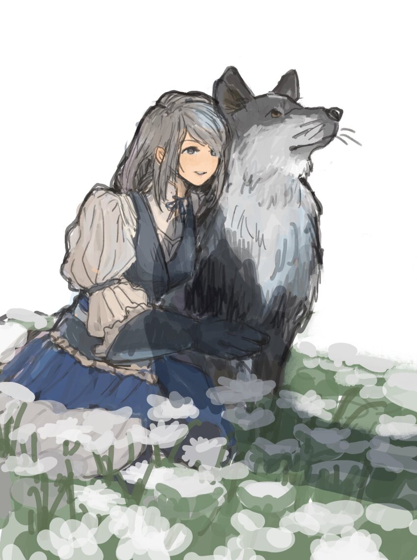 animal animal_hug field final_fantasy final_fantasy_xvi flower flower_field frilled_skirt frills grey_eyes grey_hair happy highres hug hug_from_behind jill_warrick kneeling long_hair looking_to_the_side looking_up puffy_sleeves shadow simple_background sitting skirt smile soraoyogusakana torgal_(ff16) white_flower wolf