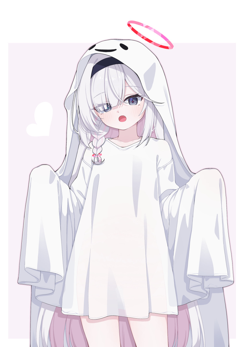 1girl absurdres alternate_costume black_hairband blue_archive border braid cinamon_(cinamori) colored_inner_hair commentary cowboy_shot dress ghost_costume grey_hair hairband halloween_costume halo heart highres hood hood_up looking_at_viewer multicolored_hair pink_background pink_hair plana_(blue_archive) sheet_ghost simple_background single_braid sleeves_past_fingers sleeves_past_wrists solo two-tone_hair white_border white_dress white_hood
