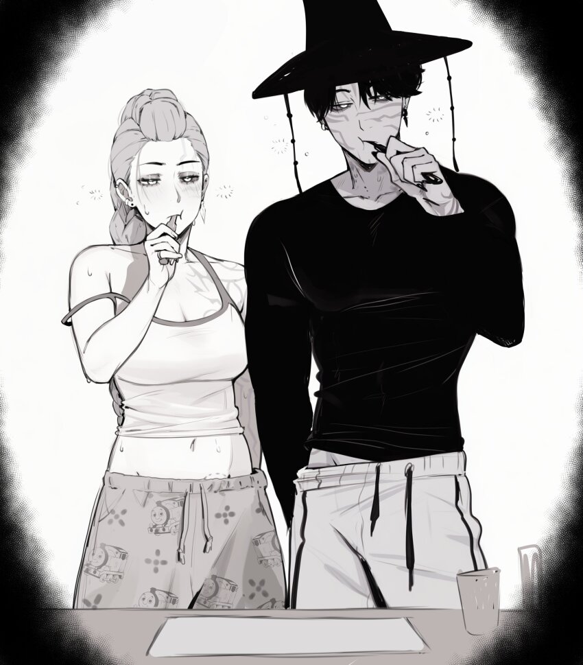 1boy 1girl :t absurdres arm_at_side bite_mark_on_stomach breasts brushing_teeth character_print collarbone crop_top earrings fingernails forehead gat_(hat) gatkkeun green_eyes greyscale half-closed_eyes hat highres holding holding_toothbrush jewelry jinu_(kpop_demon_hunters) kpop_demon_hunters large_breasts masoq monochrome nail_polish navel pants ring rumi_(kpop_demon_hunters) sleepy squeans stomach strap_slip stud_earrings sweat thomas_the_tank_engine thomas_the_tank_engine_(character) toothbrush