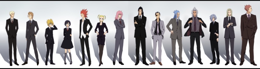 absurdres alternate_costume antenna_hair artist_request axel_(kingdom_hearts) blouse dark-skinned_male dark_skin demyx formal_clothes full_body ghost_in_the_shell ghost_in_the_shell_lineup ghost_in_the_shell:_stand_alone_complex hair_over_one_eye highres kingdom_hearts kingdom_hearts_358/2_days kingdom_hearts:_chain_of_memories larxene lexaeus long_hair luxord marluxia multiple_boys multiple_girls organization_xiii pantyhose roxas saix shirt short_hair source_request spiked_hair standing suit vexen white_shirt xaldin xemnas xigbar xion_(kingdom_hearts) zexion