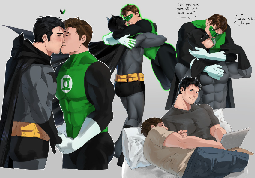 2boys absurdres ass bara batman batman_(series) bed black_bodysuit black_cape black_gloves black_hair black_shirt blush bodysuit brown_hair brown_shirt bruce_wayne cape closed_eyes closed_mouth couple covered_abs dc_comics domino_mask english_text facial_hair gloves green_bodysuit green_lantern green_lantern_(series) grey_background grey_bodysuit hal_jordan haljordanmylove heart highres holding_hands hug hug_from_behind jewelry kiss large_pectorals looking_at_another lying male_focus mask multiple_boys muscular muscular_male on_bed on_side pectorals pillow ring shirt short_hair simple_background sleeping smile superhero_costume two-tone_bodysuit white_gloves yaoi