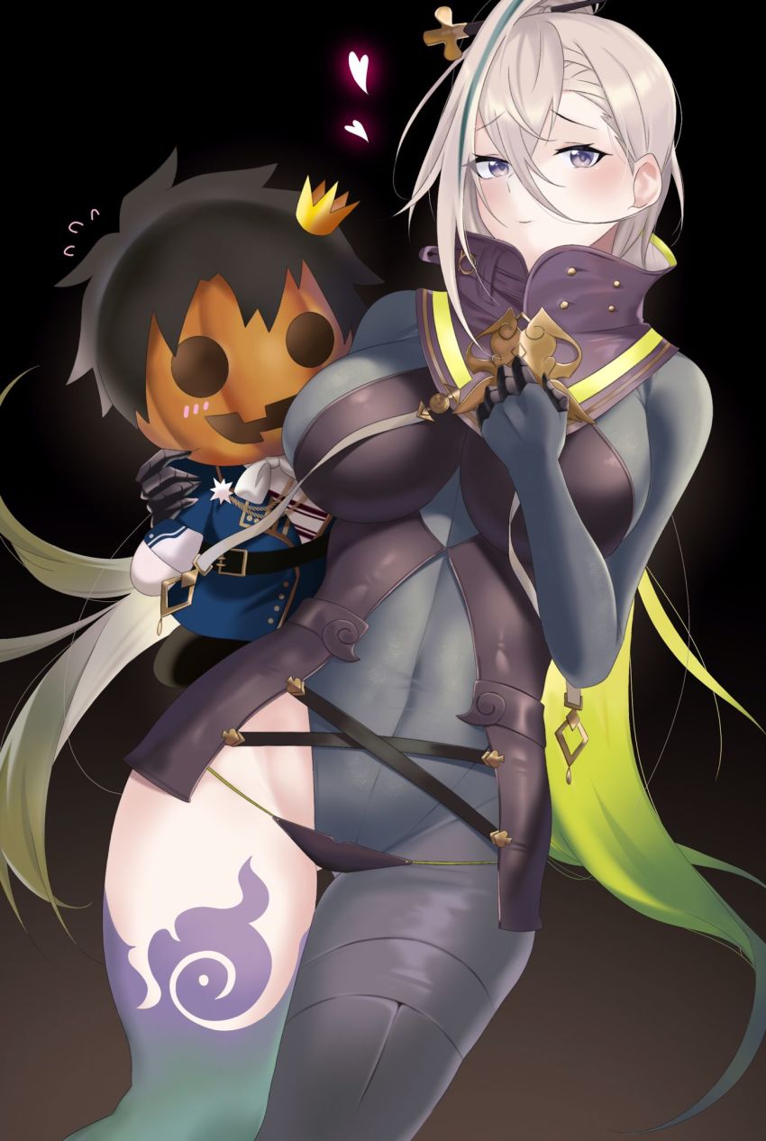 1boy 1girl asymmetrical_clothes black_hair bodysuit breasts covered_navel crown fate/grand_order fate_(series) fujimaru_ritsuka_(male) fujimaru_ritsuka_(male)_(halloween_royalty) gradient_hair green_hair grey_bodysuit grey_eyes hair_between_eyes hair_ornament hairpin heart high_collar highleg highres huyan_zhuo_(fate) huyan_zhuo_(second_ascension)_(fate) jack-o&#039;-lantern large_breasts long_hair looking_at_viewer mini_crown multicolored_hair oxygen_mask_(oxygenmask233) pumpkin short_hair single_pantsleg smile streaked_hair thighs very_long_hair white_hair