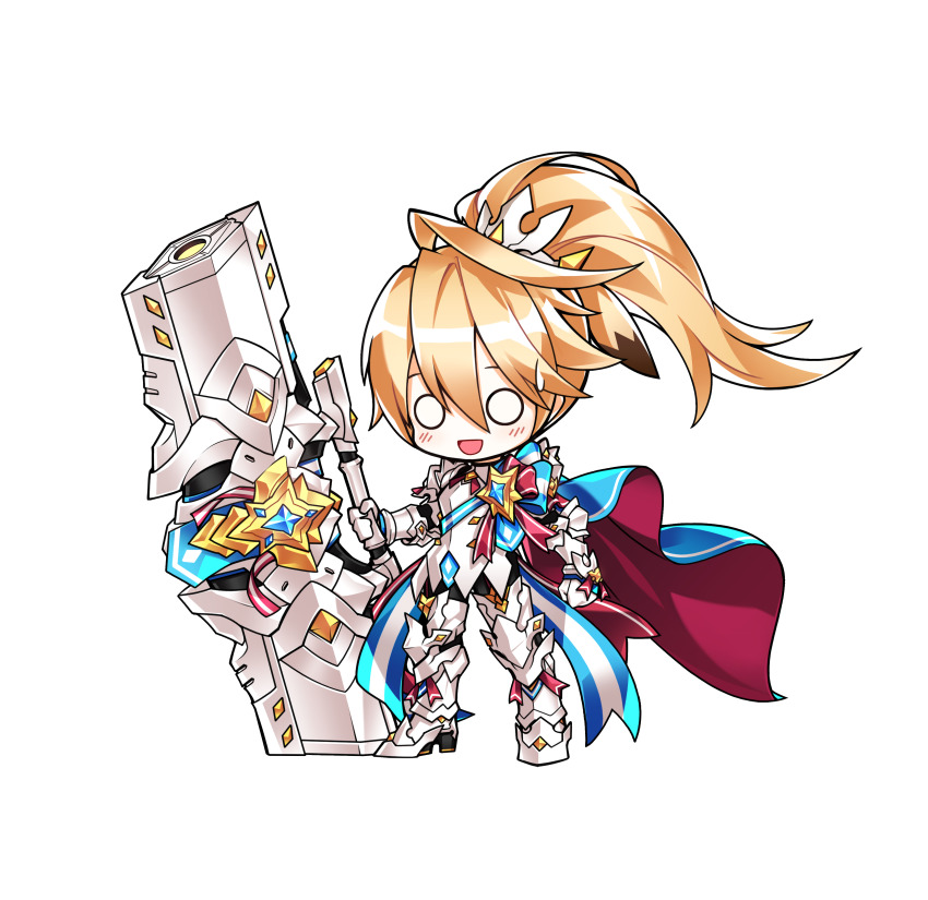 1boy absurdres ahoge animal_ears armor armored_boots back_bow blonde_hair blue_bow blue_bowtie blue_cape blue_sash blush boots bow bowtie cape chibi chung_seiker clenched_hand closed_mouth elsword floating_cape floating_hair full_armor game_cg gauntlets hair_between_eyes high_heel_boots high_heels high_ponytail highres holding_cannon huge_weapon hwansang knee_boots knee_pads light_frown long_hair male_focus medal nervous_smile o_o official_art open_mouth ponytail red_bow red_bowtie red_cape sash second-party_source single_stripe smile solo standing striped_bow surprised sweatdrop tachi-e tiara transparent_background two-sided_cape two-sided_fabric v-shaped_eyebrows weapon white_boots white_tiara wind