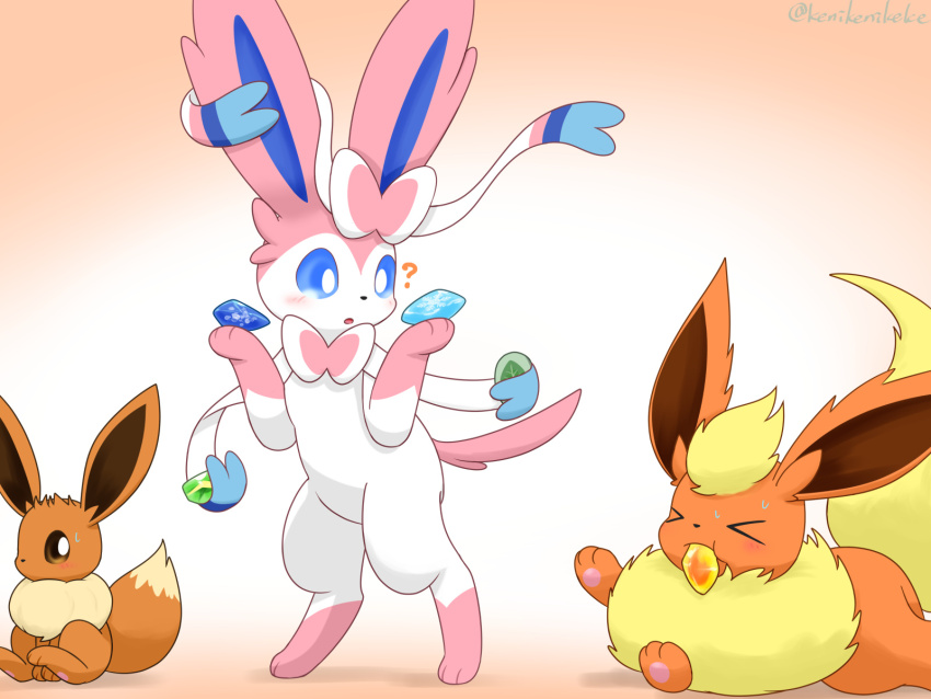 ? animal_focus blonde_hair blue_eyes blush bow closed_eyes eevee evolution_stone evolutionary_stone fire_stone flareon game_freak gen_1_pokemon gen_6_pokemon highres ice_stone kenikenikeke leaf_stone mouth_hold nintendo no_humans open_mouth pokemon pokemon_(creature) ribbon simple_background sylveon thunder_stone water_stone white_background