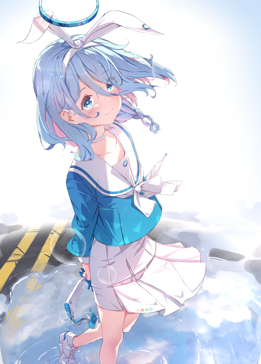 1girl absurdres arona_(blue_archive) blue_archive blue_hair blue_halo blue_pupils blue_shirt blush bow_hairband braid choker colored_inner_hair commentary_request hair_over_one_eye hairband halo heart heart_halo highres looking_at_viewer multicolored_hair naretsuro neckerchief partial_commentary pink_hair pink_halo revision sailor_collar school_uniform serafuku shirt single_braid skirt smile solo umbrella_gun white_choker white_hairband white_neckerchief white_sailor_collar white_skirt