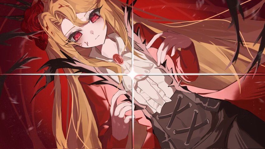 1girl ascot black_corset black_crown blonde_hair blood blood_in_hair coat collared_shirt corset crown don_quixote_(project_moon) e.g.o_(project_moon) flaqjtmfmf flower frilled_shirt frills gem highres limbus_company long_hair long_sleeves pants project_moon red_background red_brooch red_coat red_eyes red_flower red_gemstone red_rose rose shirt simple_background solo thorns white_shirt yearning-mircalla_(e.g.o)