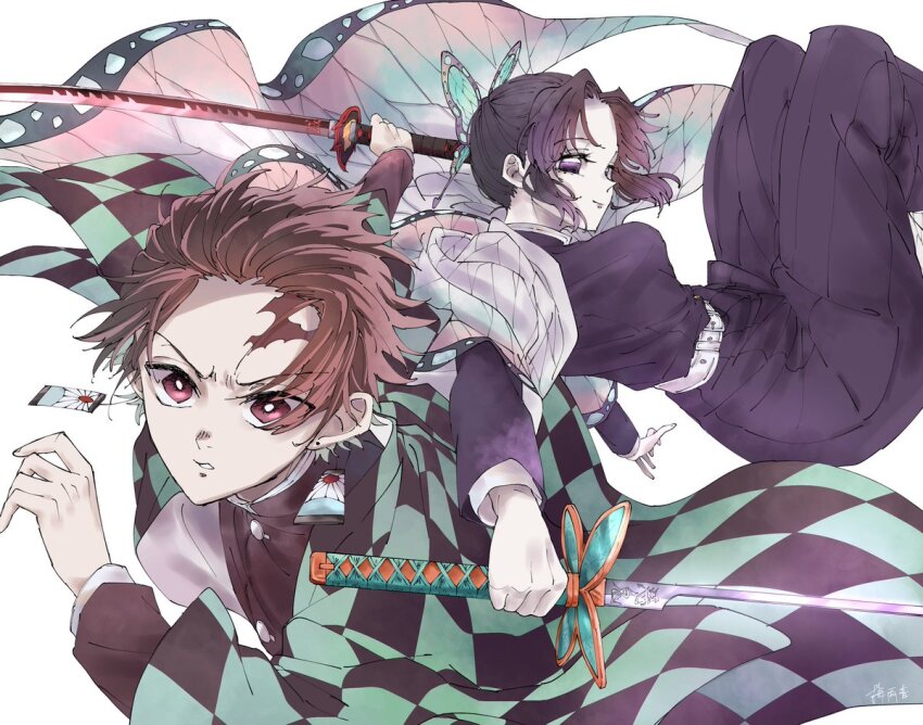 1girl animal_print belt blue_butterfly boar_mask breasts bug butterfly butterfly_hair_ornament butterfly_on_hand butterfly_print checked_sash checkered_clothes checkered_haori checkered_sash demon_slayer_uniform earrings flower gag gradient_hair greyscale hair_ornament hanafuda hanafuda_earrings haori holding holding_sword holding_weapon insect japanese_clothes jewelry kamado_tanjirou katana kimetsu_no_yaiba kishimen_hair kochou_shinobu monochrome multicolored_hair open_mouth purple_butterfly purple_hair scar scar_on_face scar_on_forehead sheath sheathed sword sword_writing weapon white_belt wisteria