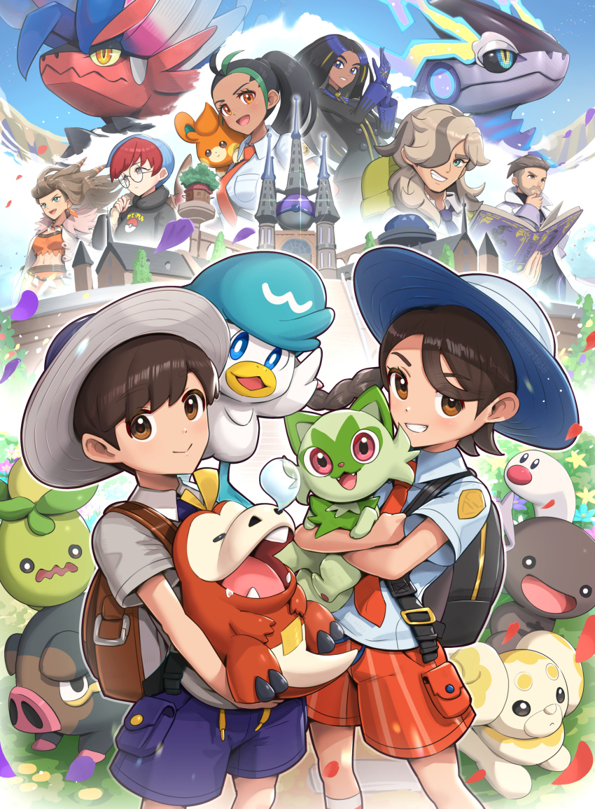 3boys 5girls absurdres arven_(pokemon) bag blue_headwear blush brown_hair castle closed_eyes commentary cowboy_shot dark-skinned_female dark_skin feet_out_of_frame fidough florian_(pokemon) fuecoco geeta_(pokemon) gonzarez grey_headwear grey_shirt hat highres holding juliana_(pokemon) koraidon lechonk looking_at_viewer miraidon multiple_boys multiple_girls naranja_academy_(emblem) naranja_academy_school_uniform nemona_(pokemon) nintendo nose_bubble open_mouth paldean_wooper penny_(pokemon) pokemon pokemon_(creature) pokemon_sv quaxly sada_(pokemon) school_bag school_uniform shirt short_hair shorts sleeping sleeping_upright smile smoliv sprigatito starter_pokemon_trio teeth tongue turo_(pokemon) upper_body uva_academy_school_uniform wiglett