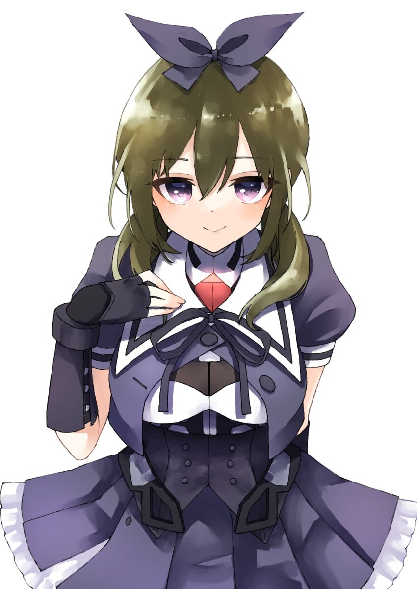 1girl amahara_nue arm_behind_back assault_lily belt black_belt black_bow black_gloves black_ribbon black_shirt black_skirt bow breasts closed_mouth commentary cowboy_shot cropped_jacket elbow_gloves fingerless_gloves frilled_skirt frills gloves green_hair hair_between_eyes hair_bow hair_over_shoulder hand_up highres light_blush long_hair looking_at_viewer low_twintails medium_breasts miniskirt neck_ribbon open_belt pleated_skirt puffy_short_sleeves puffy_sleeves purple_eyes ribbon school_uniform shirt short_sleeves simple_background skirt smile solo standing symbol-only_commentary twintails two-tone_shirt white_background white_shirt yamanashi_hibari yurigaoka_girls_academy_school_uniform