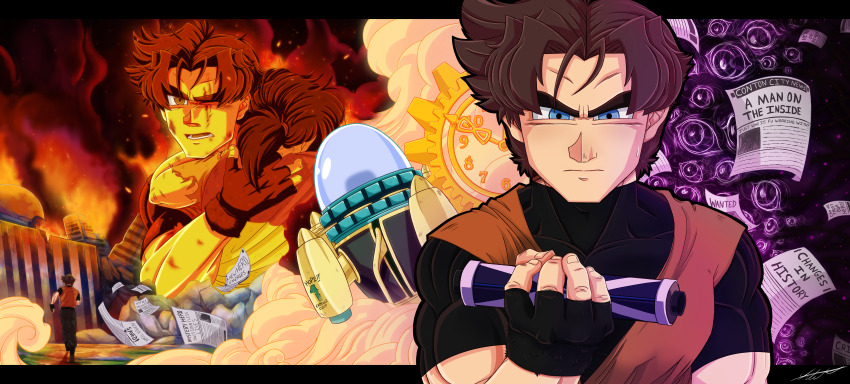 1boy 1other absurdres black_border black_pants blood blood_on_face blue_eyes border brown_hair burning burning_building carrying carrying_person city clock cloud commentary compression_shirt disembodied_eye dragon_ball dragon_ball_xenoverse english_commentary english_text fingerless_gloves fire frown gears gloves highres holding holding_scroll kasarawolf looking_at_object mirai_senshi multiple_views muscular muscular_male newspaper one_eye_closed open_mouth original pants ponytail running scratches scroll short_hair smoke sweatdrop thick_eyebrows time_machine time_patrol_(dragon_ball) torn_clothes