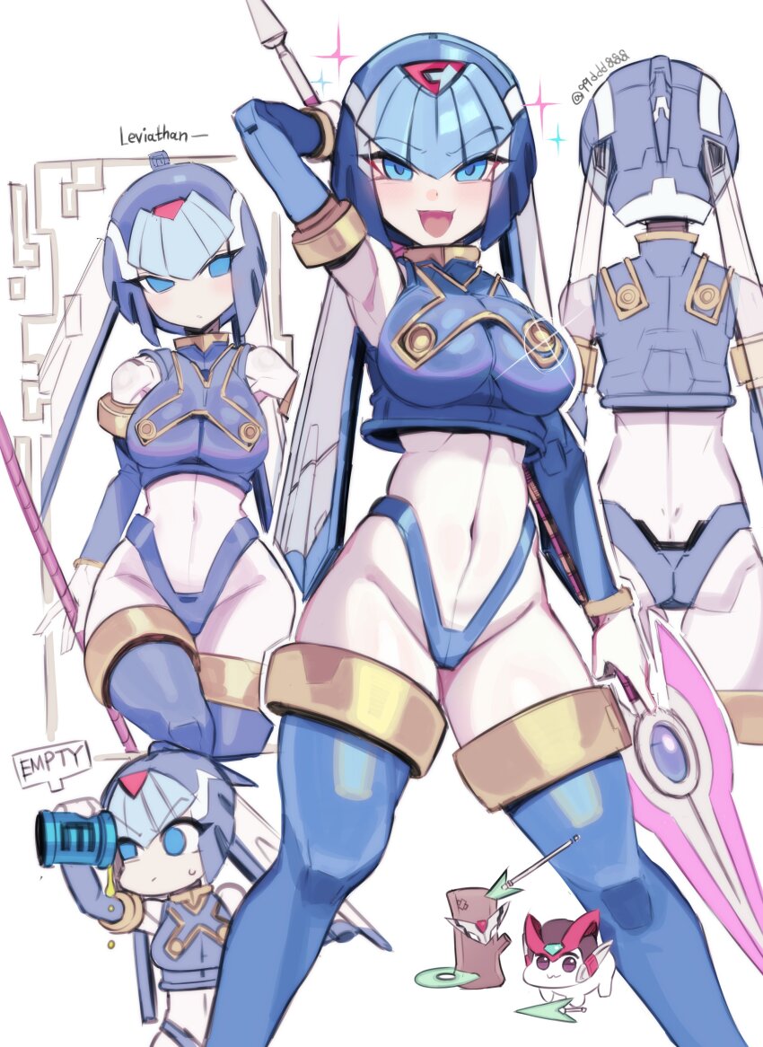 1girl absurdres android blue_eyes blue_helmet breasts crop_top ddg160 energy_spear energy_tank fairy_leviathan_(mega_man) forehead_jewel from_behind helmet highres holding holding_polearm holding_weapon mega_man_(series) mega_man_zero_(series) multiple_views polearm robot_girl thighhighs weapon