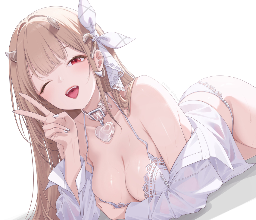 1girl bare_shoulders bikini blonde_hair breasts choker cleavage collarbone goddess_of_victory:_nikke hair_ribbon hand_up heart heart_choker highres horns lace lace-trimmed_bikini lace_trim large_breasts long_hair looking_at_viewer lying myomomoo nail_polish off_shoulder official_alternate_costume on_stomach one_eye_closed open_mouth red_eyes ribbon shirt smile solo strap_gap string_bikini swimsuit v viper_(nikke) viper_(shine_of_love)_(nikke) white_bikini white_choker white_nails white_shirt