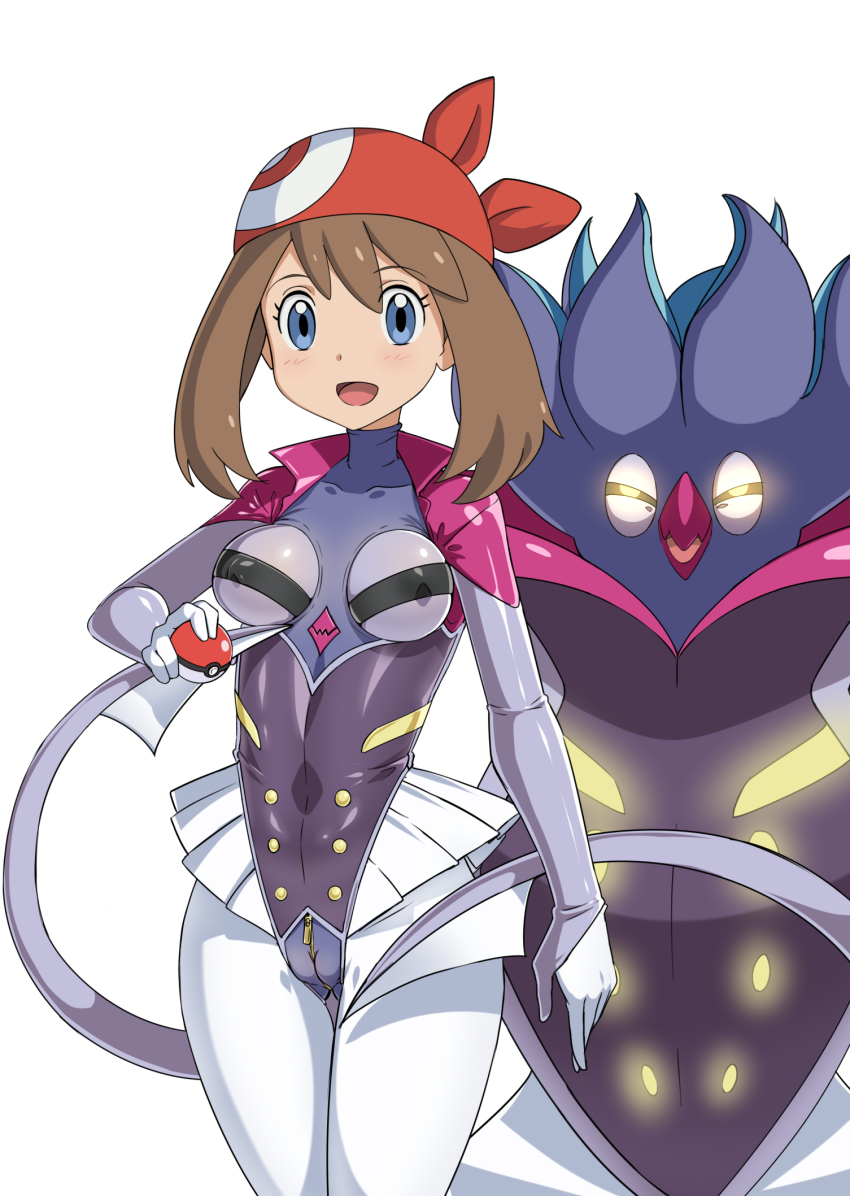 1girl 1other big_hair blue_eyes blush breastless_clothes breastless_leotard breasts brown_hair cameltoe corruption cosplay expressionless gen_6_pokemon gozaru hat highres holding holding_poke_ball huge_breasts hypnosis leotard looking_at_viewer malamar malamar_(cosplay) may_(pokemon) mind_control neon_lights nintendo nipples no_humans poke_ball pokemon pokemon_(creature) pokemon_rse revealing_clothes see-through_clothes see-through_leotard shiny_skin smile tentacles wide_hips yellow_eyes