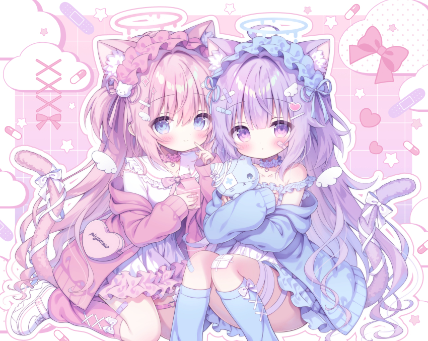 2girls ahoge animal_ear_fluff animal_ears aqua_cardigan aqua_choker aqua_eyes aqua_halo aqua_leg_warmers aqua_ribbon bag bandaid bandaid_hair_ornament bandaid_on_face bandaid_on_leg bandaid_print blush border bow bow_print bowtie cardigan cat_ears cat_girl cat_hair_ornament cat_tail choker closed_mouth cloud_print drink drinking_straw finger_to_mouth frilled_choker frilled_sailor_collar frilled_shirt frilled_shirt_collar frills hair_between_eyes hair_ornament halo heart heart-shaped_bag heart_hair_ornament heart_necklace heart_print highres holding holding_drink holding_milk_carton hugging_doll hugging_object jewelry kamishiro_piyo kneeling leg_belt leg_warmers long_sleeves maid_headdress milk_carton multiple_girls necklace open_cardigan open_clothes original pastel_colors pill_print pink_background pink_bow pink_bowtie pink_cardigan pink_choker pink_hair pink_halo pink_leg_warmers pink_ribbon purple_eyes purple_hair ribbon sailor_collar shirt shoes shoulder_bag sidelocks sitting smile sneakers sparkle_hair_ornament star_(symbol) star_print stuffed_animal stuffed_cat stuffed_toy tail tail_bow tail_ornament white_border white_bow white_sailor_collar white_shirt white_shoes white_wings wing_hair_ornament wings x_hair_ornament yami_kawaii yume_kawaii