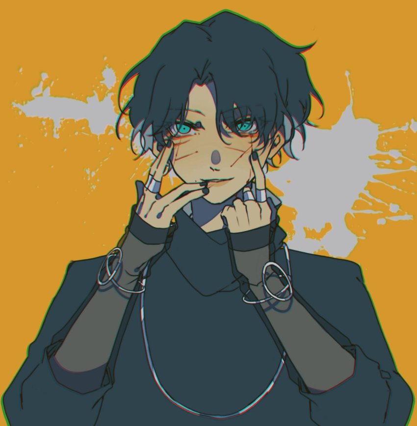 1boy adk-em aqua_eyes bandai bandai_namco bishounen black_hair black_nails black_shirt blood bracelet cyuer11 evil_smile goth_fashion highres ishimori_prod jewelry kagerou_(kamen_rider_revice) kamen_rider kamen_rider_revice laughing limited_palette looking_at_viewer male_focus multiple_rings nail_polish necklace orange_background ring shade shaded_face shirt smile toei_company tokusatsu tv_asahi upper_body