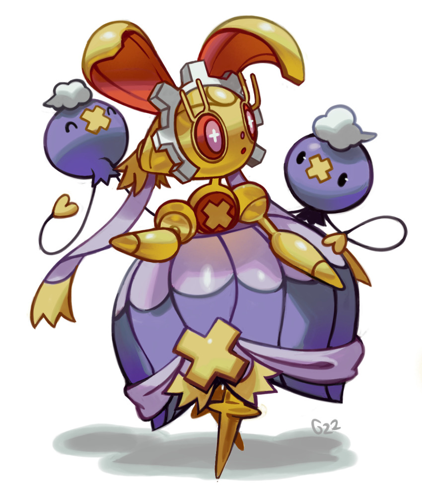 ._. ^_^ black_eyes closed_eyes commentary creature drifloon english_commentary floating full_body gen_4_pokemon gen_7_pokemon highres legendary_pokemon magearna magearna_(original) mythical_pokemon nintendo no_humans pinkgermy pokemon pokemon_(creature) shadow signature simple_background walking white_background