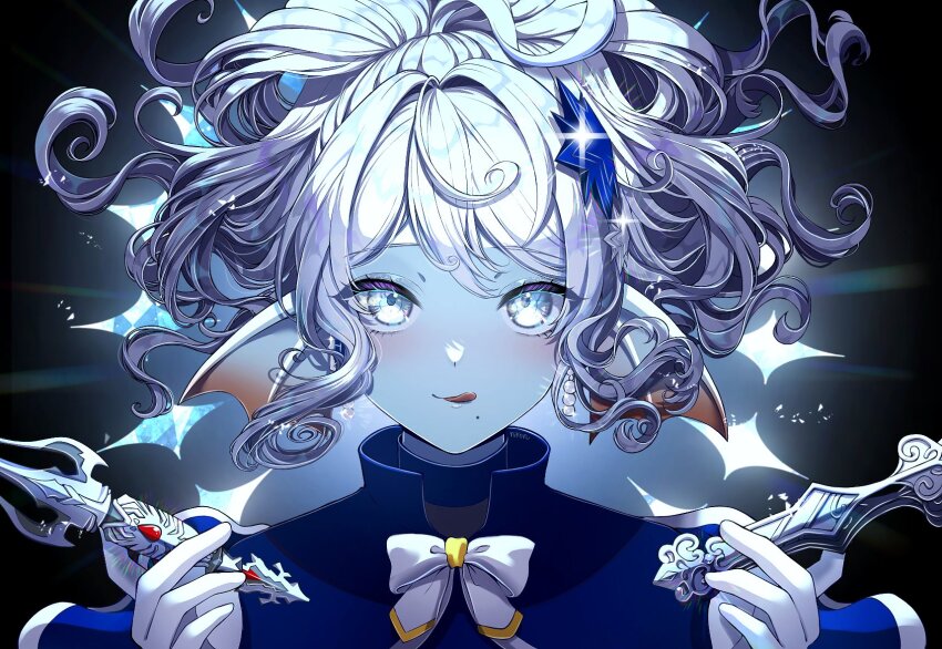 1girl black_background blue_capelet blue_eyes blue_skin bow capelet colored_skin commentary_request curly_hair dragon_quest dragon_quest_x fins fish_girl floating_clothes floating_hair gem glowing hair_ornament head_fins high_ponytail highres holding holding_weapon licking_lips looking_at_viewer looking_up mole mole_under_mouth nikon_(user_aznh7528) ponytail red_gemstone solo tongue tongue_out upper_body weapon weddie_(dq10) white_bow white_hair