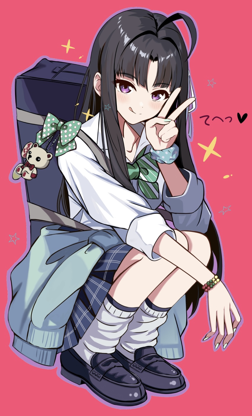 1girl absurdres ahoge awa_subaru backpack bag black_hair bow bowtie collarbone collared_shirt girls_band_cry gyaru highres hood hoodie loafers long_hair looking_at_viewer loose_socks pink_background pleated_skirt purple_eyes school_uniform shirt shoes skirt socks squatting togenashi_togeari tongue tongue_out v very_long_hair white_shirt zaofeng
