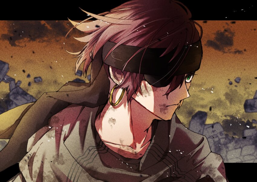 1boy absurdres bandana black_cloud black_stripes broken_wall brown_bandana cloak cloud d.gray-man debris dirt dirty dirty_clothes dirty_face earrings eyepatch floating_hair gradient_sky green_eyes grey_cloak hair_between_eyes highres hoop_earrings jewelry lavi looking_ahead male_focus one_eye_covered orange_sky red_hair short_hair sidelocks sky smoke solo stone_wall striped_cloak sunset uyu_ww wreckage yellow_sky