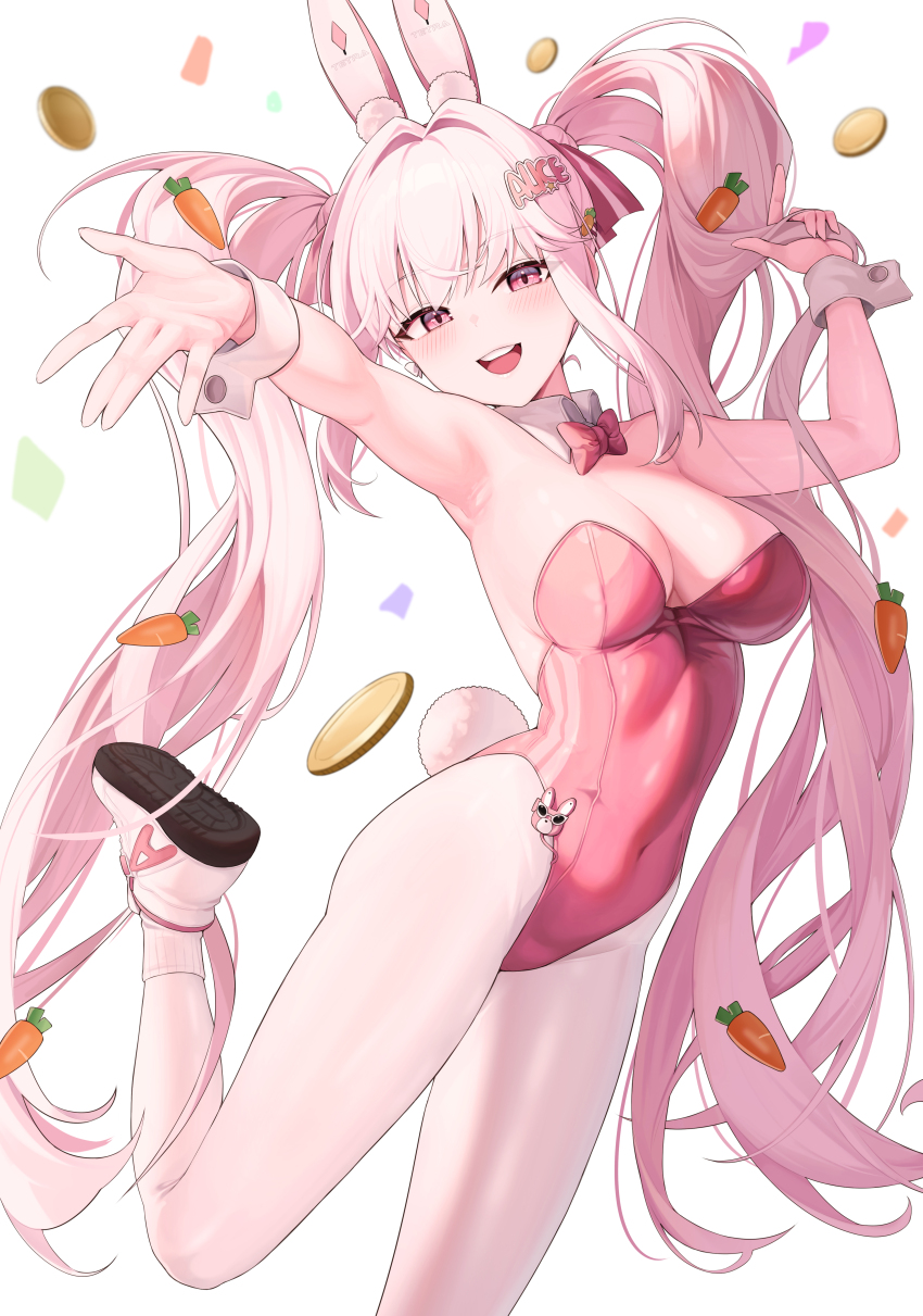 1girl :d absurdres alice_(nikke) alice_(wonderland_bunny)_(nikke) animal_ears arms_up blush bow bowtie breasts carrot carrot_hair_ornament coin food-themed_hair_ornament goddess_of_victory:_nikke gohan_oni gold_coin hair_intakes hair_ornament highres leotard long_hair medium_breasts official_alternate_costume open_mouth outstretched_arm pantyhose pink_bow pink_bowtie pink_eyes pink_hair pink_leotard playboy_bunny rabbit_ears rabbit_tail shoes sidelocks simple_background smile socks solo tail twintails very_long_hair white_background white_pantyhose wrist_cuffs