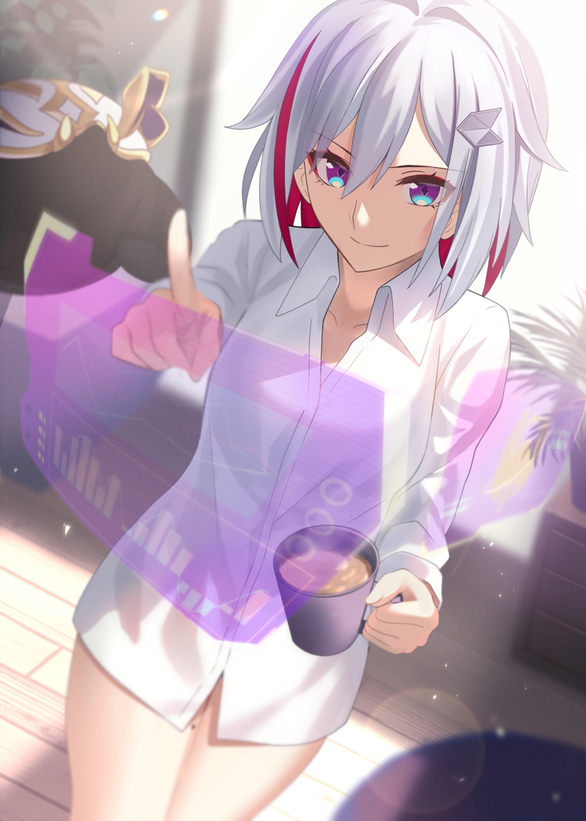 1girl absurdres blue_eyes breasts colored_inner_hair commentary_request cup grey_hair hair_between_eyes hair_ornament highres holding holding_cup holographic_interface honkai:_star_rail honkai_(series) large_breasts long_sleeves looking_at_viewer mishiro_(ixtlolton) mug multicolored_hair numby_(honkai:_star_rail) purple_eyes red_hair shirt short_hair smile streaked_hair thighs topaz_(honkai:_star_rail) trotter_(honkai:_star_rail) white_shirt