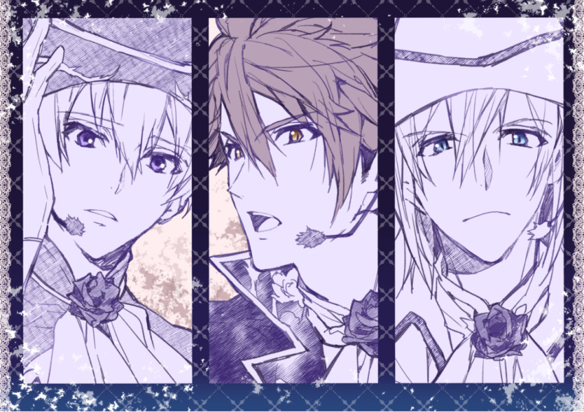 3boys argyle_background ascot black_coat blue_background blue_eyes blue_flower blue_rose brooch brown_hair closed_mouth coat collared_coat collared_jacket determined flower flower_brooch frown gloves grey_hat grey_jacket hand_on_own_head hat headset idol idolish7 jacket jewelry lace lapels long_hair male_focus multiple_boys notched_lapels open_mouth osaka_sougo purple_eyes purple_theme rose tanemura_arina teeth tsunashi_ryuunosuke upper_body upper_teeth_only white_ascot white_gloves white_hair white_hat white_jacket yellow_eyes yotsuba_tamaki