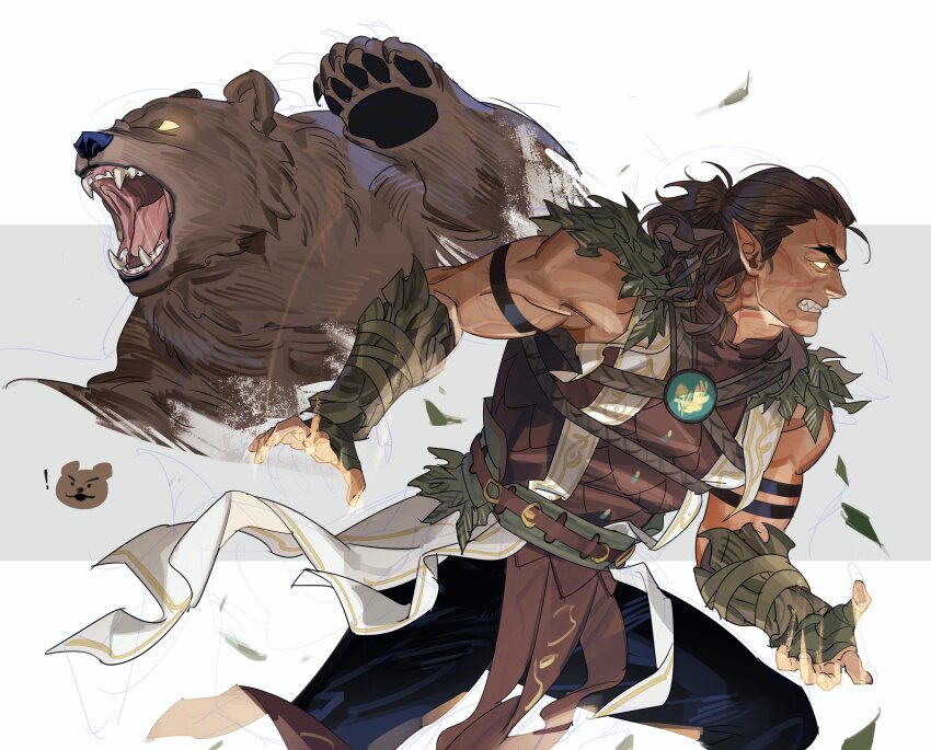 1boy absurdres baldur&#039;s_gate baldur&#039;s_gate_3 bara bear belt black_claws blue_pants braid brown_bear brown_hair claws colored_skin dark-skinned_male dark_skin dungeons_&amp;_dragons elf facial_tattoo fingerless_gloves gloves glowing glowing_eyes green_gloves greensalad350 grey_background half_updo halsin highres leaf male_focus mature_male medium_hair muscular muscular_arms muscular_male pants pointy_ears side_braids simple_background solo solo_focus tattoo thick_eyebrows transformation two-tone_background vambraces vest white_background