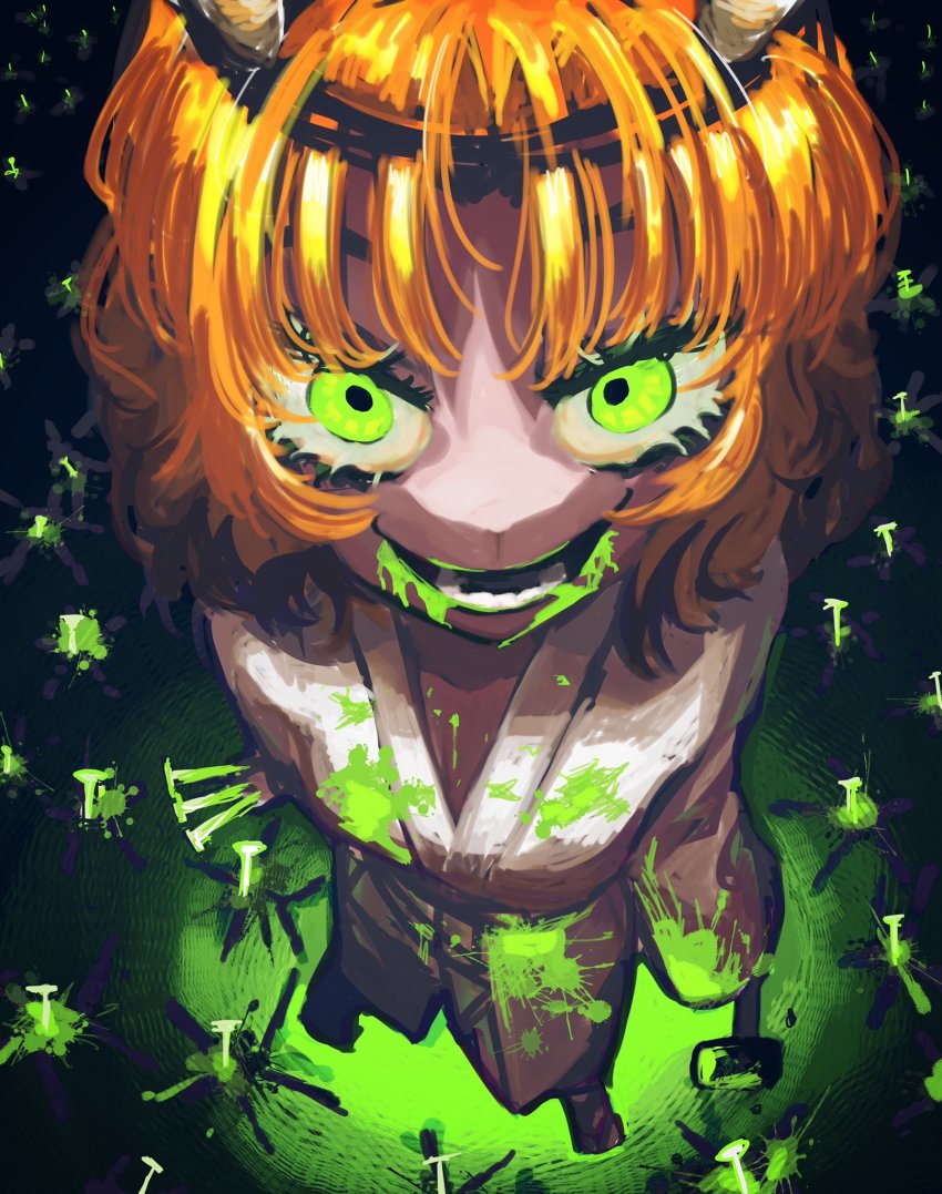 1girl alternate_costume blonde_hair breasts commentary_request from_above full_body glowing glowing_eyes green_eyes guyamaru2002 hammer hashihime highres holding holding_hammer holding_nail japanese_clothes kimono mallet mizuhashi_parsee nail nail_(hardware) open_mouth pointy_ears short_hair small_breasts smile solo standing straw_doll touhou ushi_no_koku_mairi white_kimono