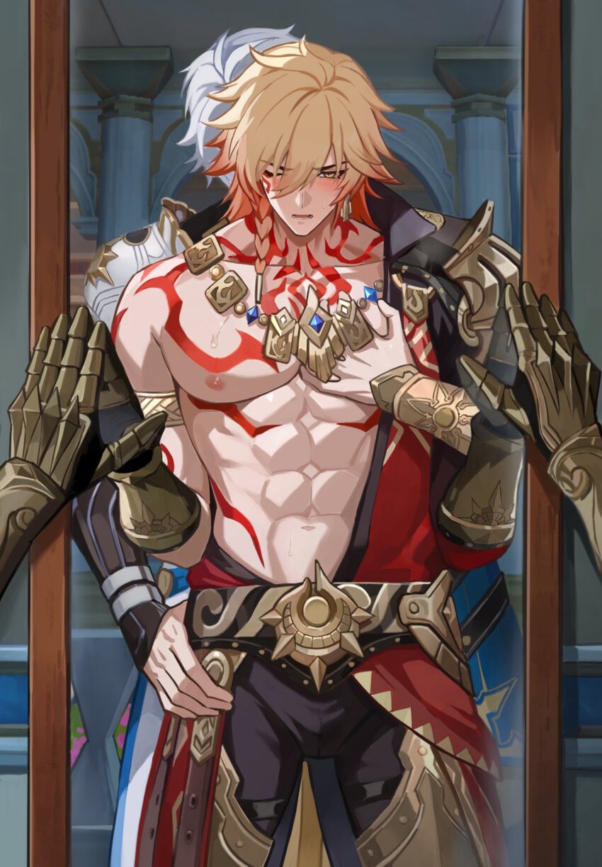 2boys abs antenna_hair arm_tattoo armlet armor armored_boots black_coat black_pants blonde_hair blush boots braid chest_tattoo clawed_gauntlets coat commentary earrings facial_tattoo gold_earrings gold_necklace gradient_hair hair_between_eyes highres honkai:_star_rail honkai_(series) jean_warrior00 jewelry large_pectorals looking_at_mirror male_focus medium_hair mirror multicolored_hair multiple_boys muscular muscular_male mydei_(honkai:_star_rail) necklace one_eye_closed open_clothes open_coat open_mouth pants pauldrons pectoral_grab pectorals phainon_(honkai:_star_rail) red_hair red_tattoo short_hair shoulder_armor side_braid single_pauldron tattoo white_hair yaoi yellow_eyes