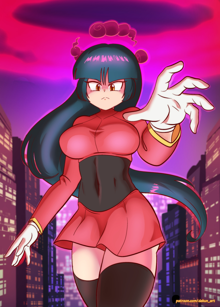 1girl absurdres breasts city covered_navel dakunart dynamax female_focus giant giantess gloves highres large_breasts long_hair looking_at_viewer nintendo orange_eyes pokemon pokemon_frlg sabrina_(pokemon) solo thighhighs