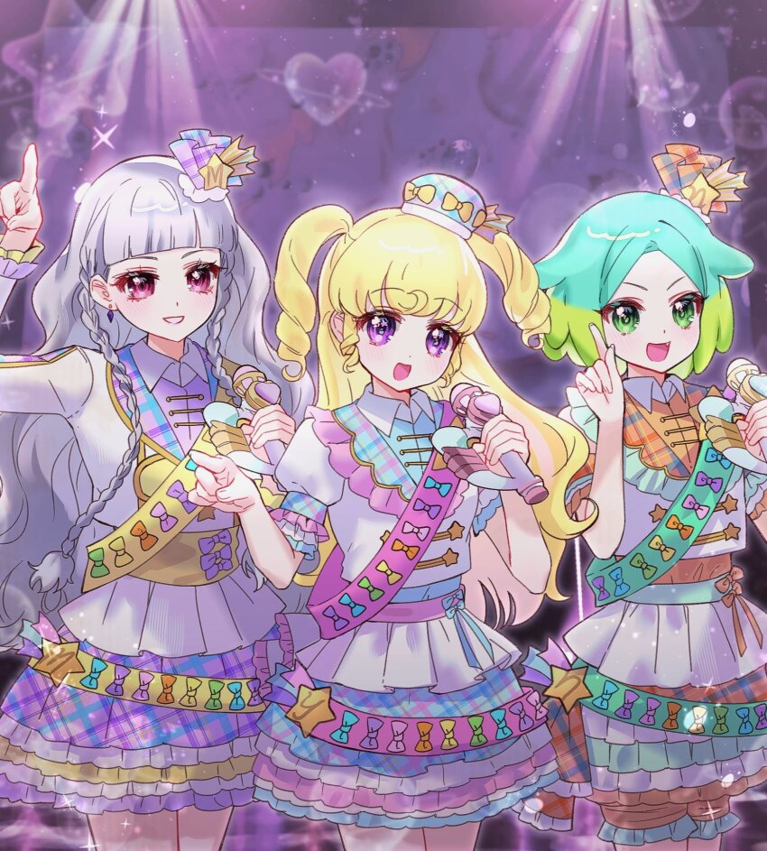 3girls :d arm_up blonde_hair blue_hair blue_skirt blunt_bangs braid chuu0105 collared_shirt commentary_request concert cowboy_shot diamond_earrings earrings frilled_skirt frills green_eyes green_hair grey_hair hands_up hat highres holding holding_microphone idol idol_clothes idol_time_pripara index_finger_raised jacket jewelry koda_michiru korean_commentary layered_skirt long_hair long_sleeves looking_at_viewer microphone miichiru_(pripara) mini_hat multicolored_hair multiple_girls music nijiiro_nino open_mouth pretty_series pripara puffy_short_sleeves puffy_sleeves purple_background purple_eyes purple_skirt red_eyes sash shirt short_hair short_sleeves shoulder_sash singing skirt smile standing twin_braids two-tone_hair two_side_up very_long_hair wavy_hair white_jacket yumekawa_yui