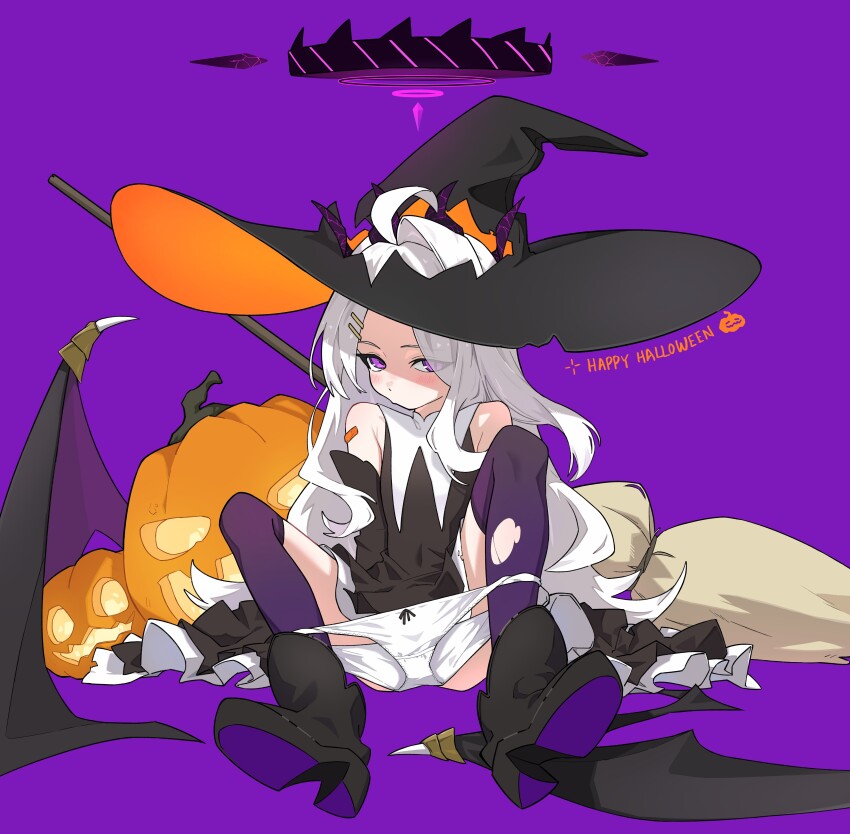 1girl absurdres ahoge alternate_costume bandaid bandaid_on_shoulder bare_shoulders bikini_bottom_pull black_boots black_halo black_hat black_horns black_ribbon black_wings blue_archive blush boots bow bow_panties broom cosplay covered_navel demon_girl demon_horns demon_wings dot_nose eyes_visible_through_hair hair_ornament hairclip halloween halo hat highres hina_(blue_archive) horns kasahara_154 knees_up large_hat loli long_hair looking_at_viewer low_wings multiple_horns on_ground oversized_wings panties panties_around_leg panty_pull parted_bangs pout pumpkin purple_background purple_eyes purple_thighhighs ribbon simple_background sitting solo spread_legs thighhighs torn_clothes torn_thighhighs underwear very_long_hair white_hair white_hat white_panties wings witch witch_hat