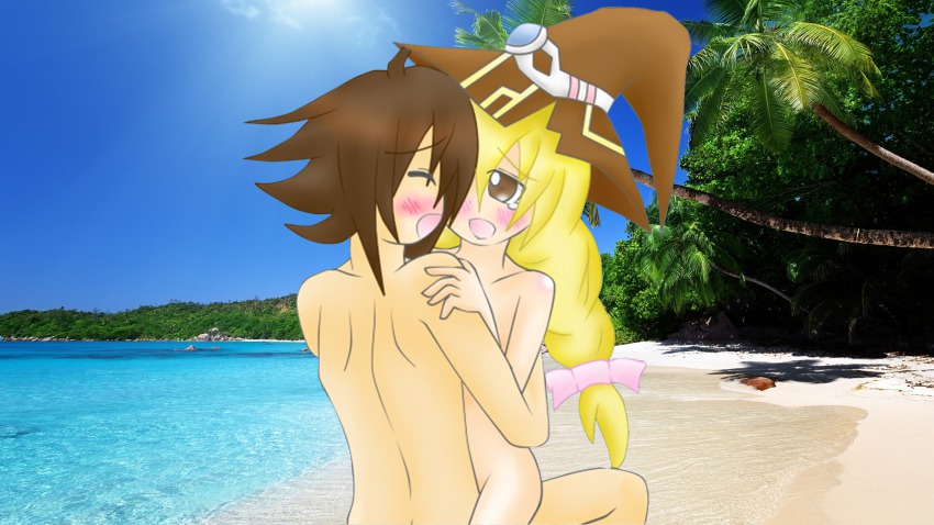 1boy 1girl absurdres artist_request beach beryl_benito blonde_hair blush braid brown_eyes brown_hair completely_nude day hat hetero highres hug huge_filesize kor_meteor long_hair nude open_mouth photo_background sex tagme tales_of_(series) tales_of_hearts tears thighs