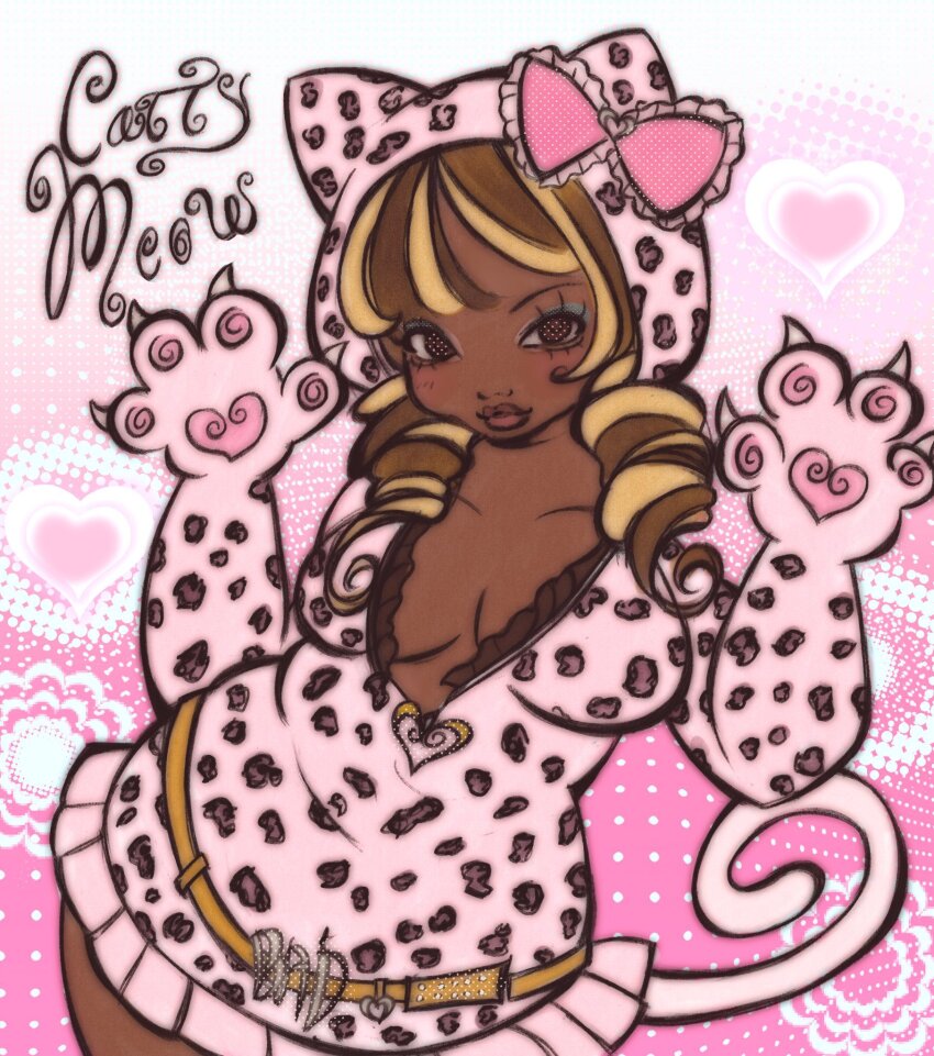 animal_hands animal_hood animal_print belt blonde_hair blush bow breasts cat_girl cat_hood cat_tail claws dark-skinned_female dark_skin eyelashes gyaru highres hood hood_bow large_breasts leopard_print leopard_print_clothes lilitafaery lips long_hair original pawpads plump tail very_dark_skin