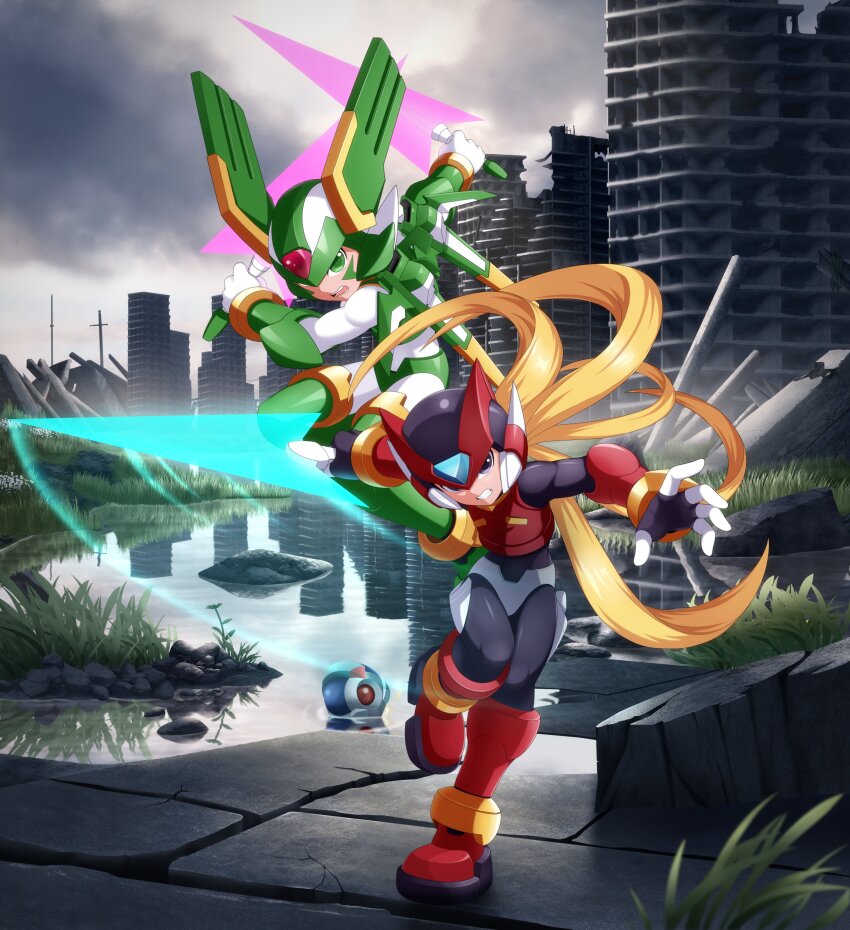 2boys absurdres armor black_eyes blonde_hair dual_wielding energy_sword forehead_jewel full_body green_armor green_eyes green_helmet green_wings helmet highres holding jwc_vevo long_hair male_focus mechanical_wings mega_man_(series) mega_man_zero_(series) multiple_boys multiple_wings pantheon_(mega_man) red_armor red_helmet sage_harpuia_(mega_man) sword weapon winged_helmet wings z_saber zero(z)_(mega_man) zero_(mega_man)