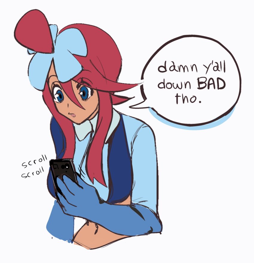 1girl 2024_pokemon_teraleak blue_eyes blue_gloves breasts cellphone commentary crop_top cropped_jacket cropped_torso d4wnselette ebonics egosearching english_commentary english_text game_freak gloves hair_ornament highres holding holding_phone implied_pornography large_breasts midriff nintendo one_side_up phone pokemon pokemon_bw profanity red_hair sidelocks skyla_(pokemon) solo speech_bubble swept_bangs