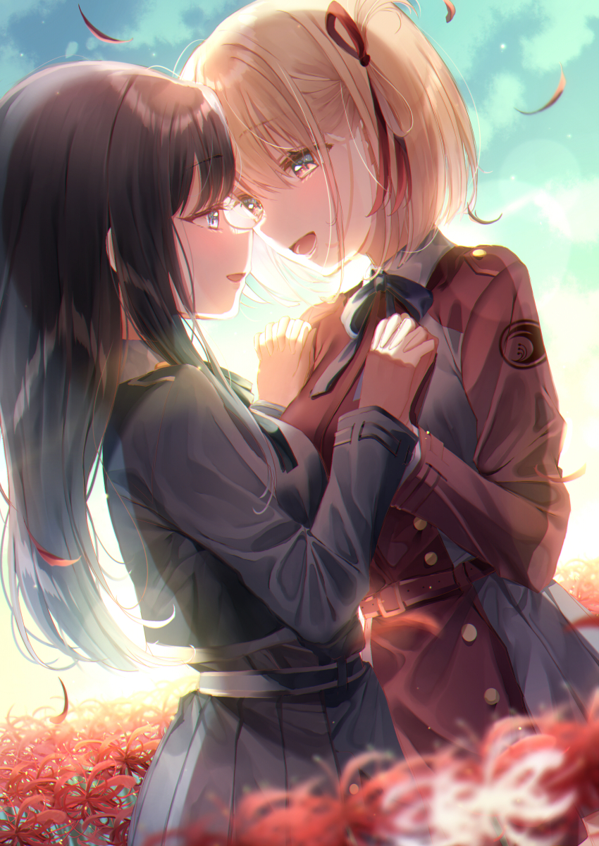 2girls absurdres belt black_hair blonde_hair blue_belt blue_ribbon blush breasts chromatic_aberration cloud cloudy_sky commentary_request day dress eye_contact flower green_belt hands_on_another&#039;s_chest happy high_collar highres inoue_takina interlocked_fingers large_breasts long_dress long_hair looking_at_another lycoris_recoil lycoris_uniform multiple_girls neck_ribbon nishikigi_chisato open_mouth outdoors petals pleated_dress purple_eyes red_eyes red_flower ribbon short_hair sky smile spider_lily sunlight touki_matsuri two-tone_dress upper_body white_flower white_spider_lily yuri